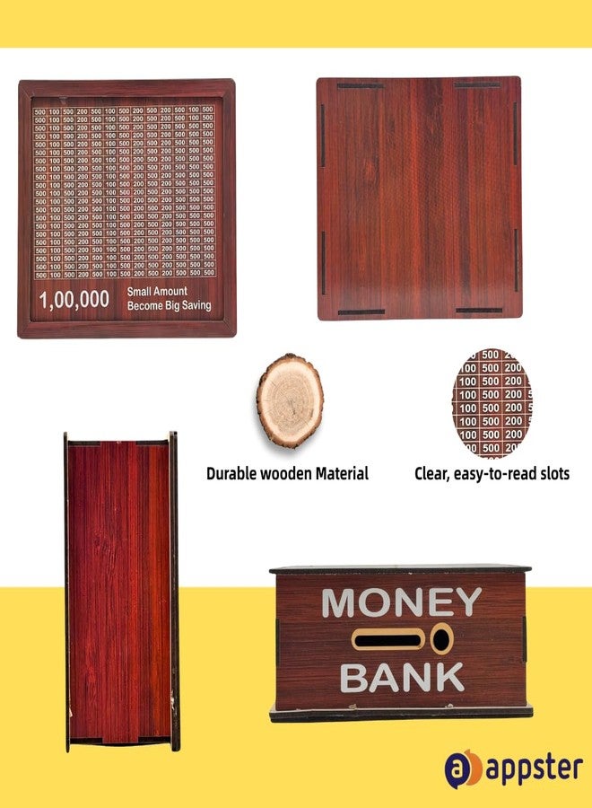 APPSTER 8x7 Inch Jumbo Wooden Piggy Money Bank for Kids & Adults | Carved Design, Mini Bank, Donation Box, Smart Money Coin Box with Numbers Savings Box 100000 Rupees (Brown) - Image 5
